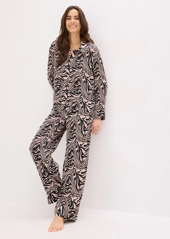 Gewebter Pyjama aus Satin in schwarz im Look von vorne (Totalaufnahme) - bonprix