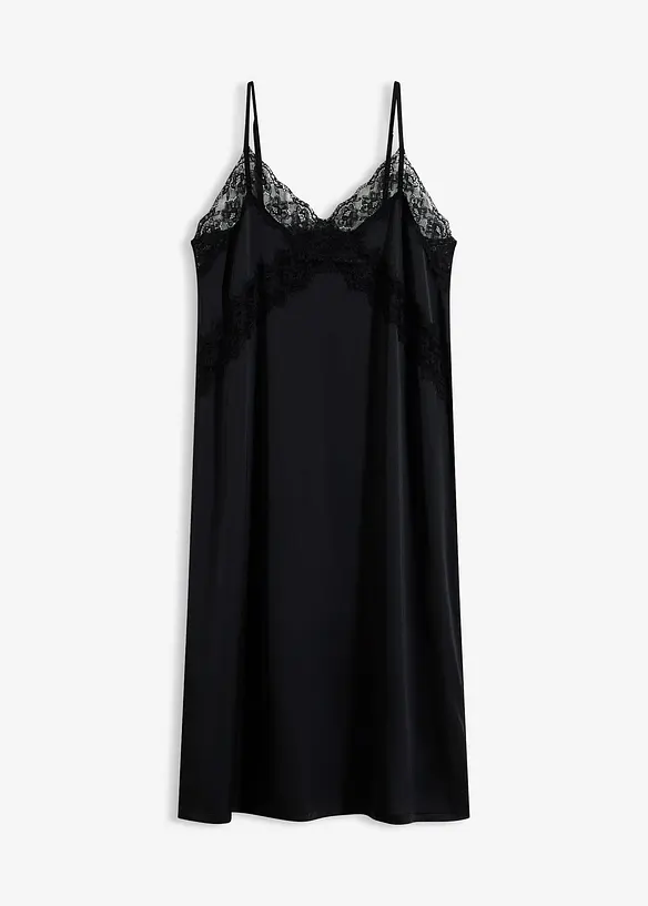 Satin Negligé mit zarter Spitze in schwarz von vorne - bonprix