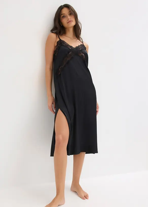 Satin Negligé mit zarter Spitze in schwarz von vorne (Totalaufnahme) - bonprix