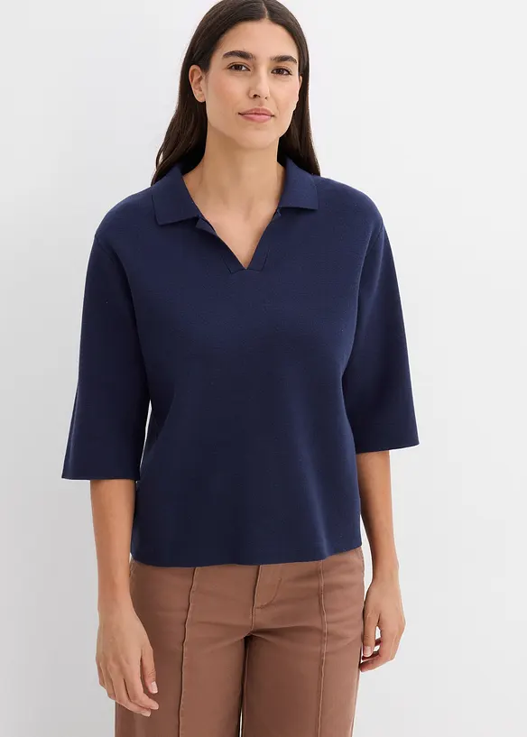 Polo-Strickshirt aus Baumwoll-Mix in blau von vorne (im Anschnitt) - bonprix Polo-Strickshirt aus Baumwoll-Mix in blau von vorne (im Anschnitt) - bonprix