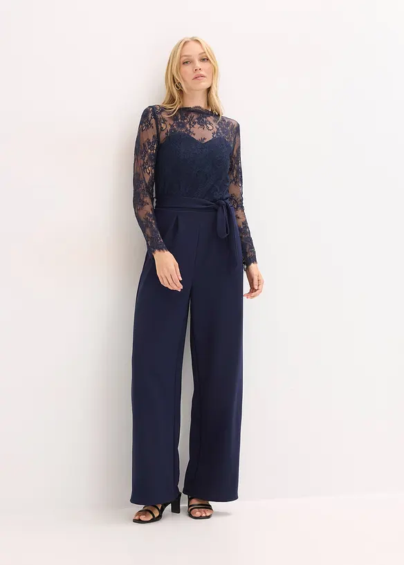 Jumpsuit mit Spitze in blau von vorne (Totalaufnahme) - bonprix