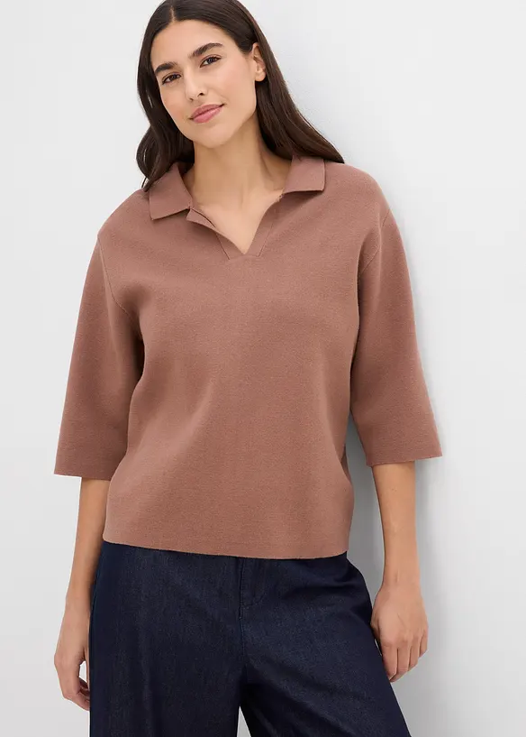 Polo-Strickshirt aus Baumwoll-Mix in braun von vorne (im Anschnitt) - bonprix Polo-Strickshirt aus Baumwoll-Mix in braun von vorne (im Anschnitt) - bonprix