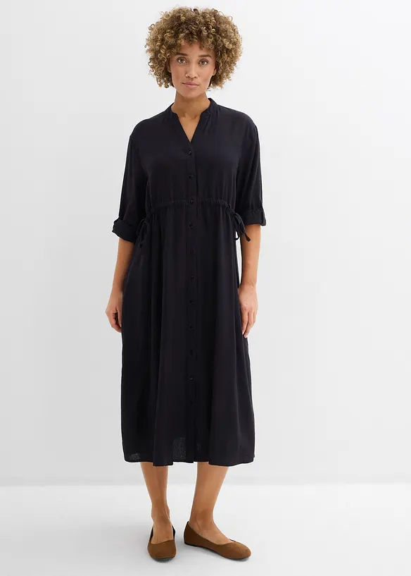 Midikleid aus Leinen-Viskose-Mix in schwarz von vorne (Totalaufnahme) - bonprix