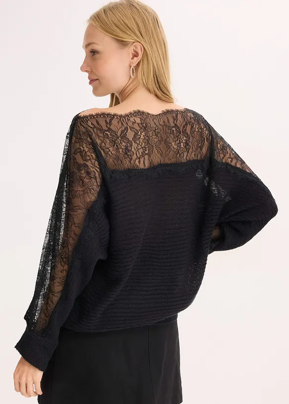 Sommer-Strickpullover mit Spitze in schwarz von hinten (im Anschnitt) - bonprix
