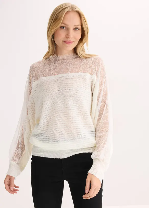 Sommer-Strickpullover mit Spitze in weiß von vorne (im Anschnitt) - bonprix