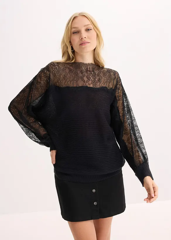 Sommer-Strickpullover mit Spitze in schwarz von vorne (im Anschnitt) - bonprix
