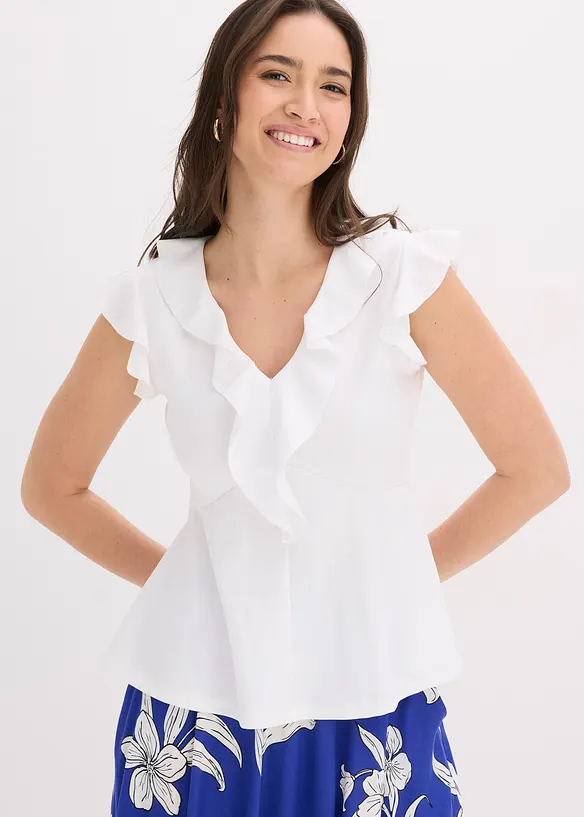 Shirt mit Volants in weiß von vorne (im Anschnitt) - bonprix