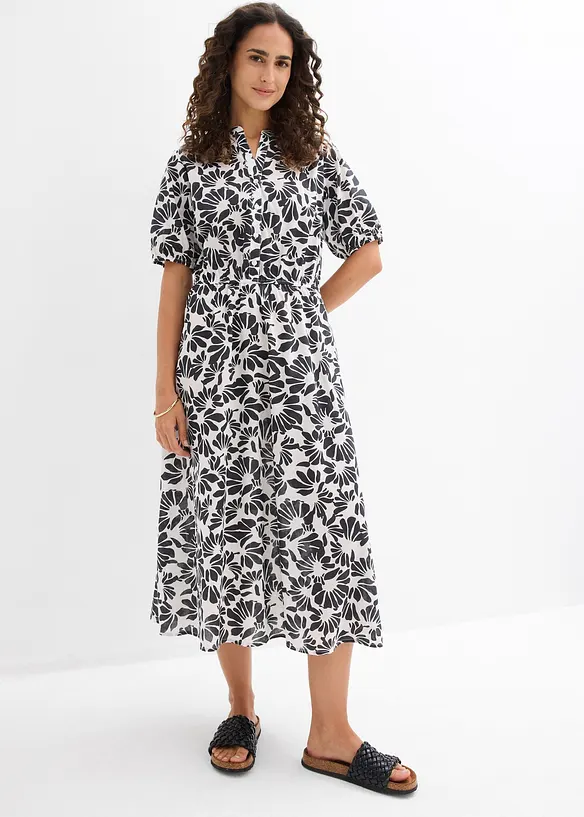 Weites Midikleid aus reiner Baumwolle in weiß von vorne (Totalaufnahme) - bonprix Weites Midikleid aus reiner Baumwolle in weiß von vorne (Totalaufnahme) - bonprix
