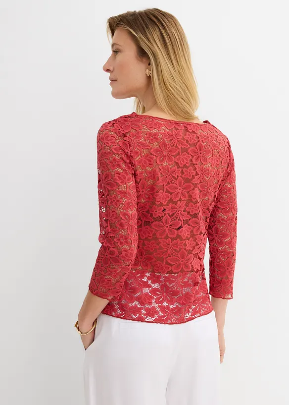 Tailliertes und teiltransparentes Spitzenshirt in rot von hinten (im Anschnitt) - bonprix Tailliertes und teiltransparentes Spitzenshirt in rot von hinten (im Anschnitt) - bonprix