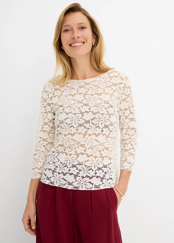 Tailliertes und teiltransparentes Spitzenshirt in weiß von vorne (im Anschnitt) - bonprix