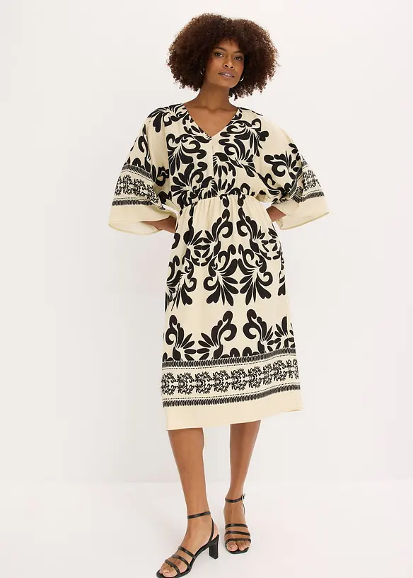 Midikleid aus fließendem Viskoe-Mix in beige von vorne (Totalaufnahme) - bonprix