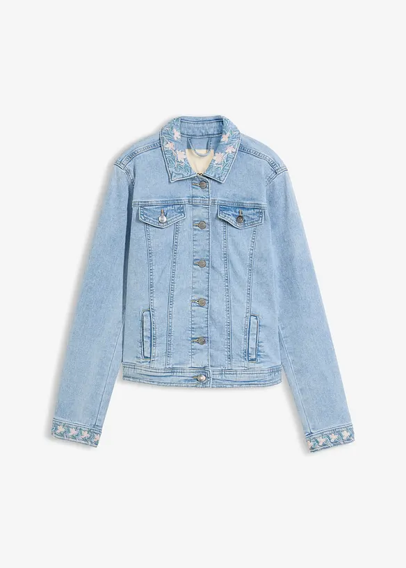 Jeansjacke mit Stickerei in blau von vorne - bonprix