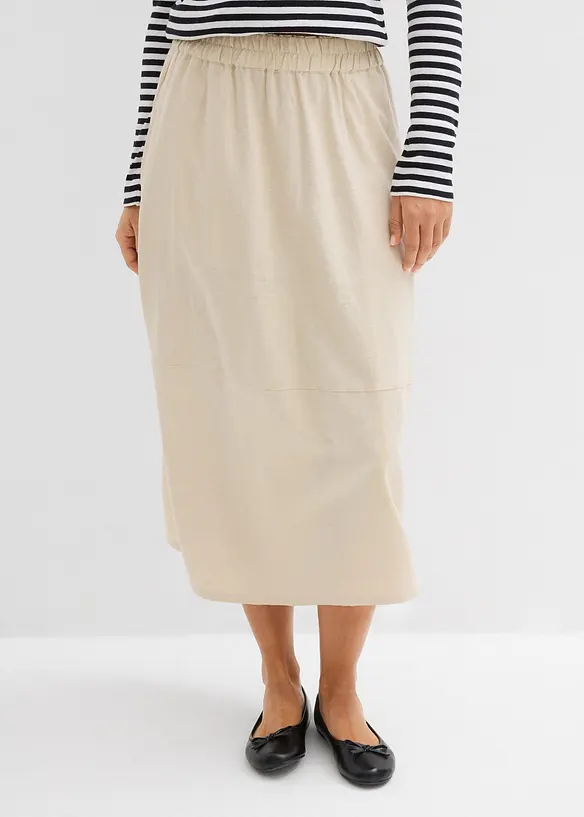 Midirock aus leichtem Leinen-Mix in beige von vorne - bonprix