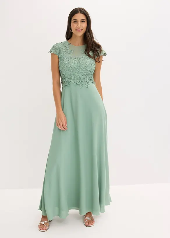 Midikleid aus zartem Tüll mit Spitze in grün von vorne (Totalaufnahme) - bonprix Midikleid aus zartem Tüll mit Spitze in grün von vorne (Totalaufnahme) - bonprix