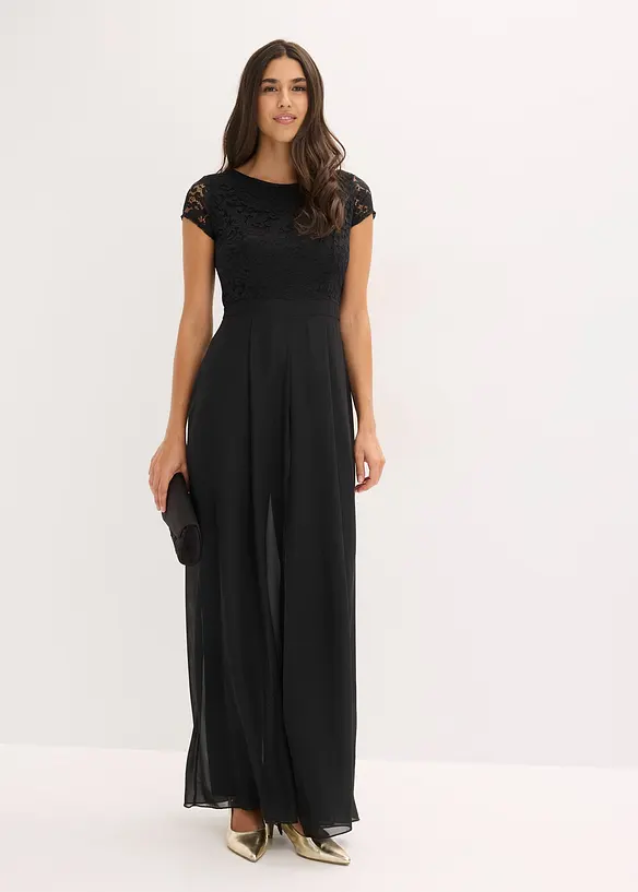 Overall mit Spitze und Chiffon-Einsatz in schwarz von vorne (Totalaufnahme) - bonprix