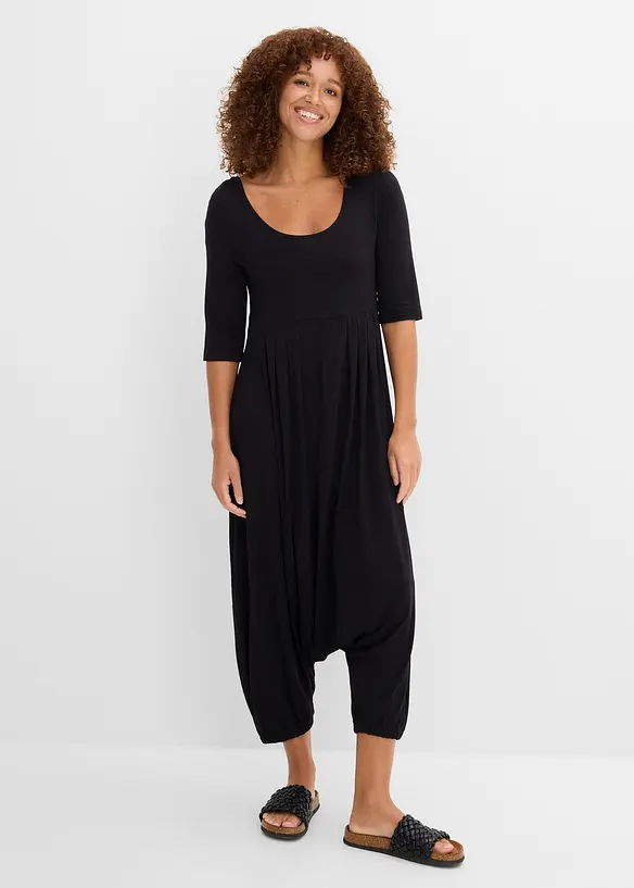 Jersey-Jumpsuit aus fließendem Viskose-Mix in schwarz von vorne (Totalaufnahme) - bonprix Jersey-Jumpsuit aus fließendem Viskose-Mix in schwarz von vorne (Totalaufnahme) - bonprix