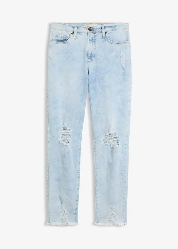 Mom-Jeans High Waist mit Destroy-Effekten in blau von vorne - bonprix