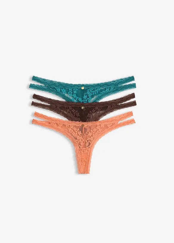 Tanga String mit floraler Spitze (3er Pack) in braun von vorne - bonprix Tanga String mit floraler Spitze (3er Pack) in braun von vorne - bonprix