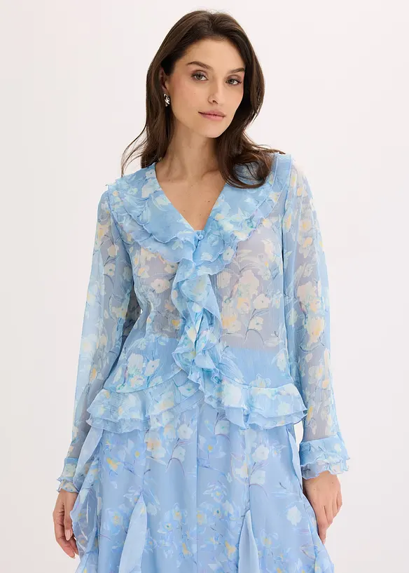 Chiffonbluse mit Volants in blau von vorne (im Anschnitt) - bonprix Chiffonbluse mit Volants in blau von vorne (im Anschnitt) - bonprix
