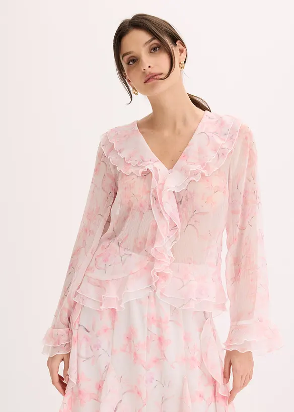 Chiffonbluse mit Volants in weiß von vorne (im Anschnitt) - bonprix Chiffonbluse mit Volants in weiß von vorne (im Anschnitt) - bonprix