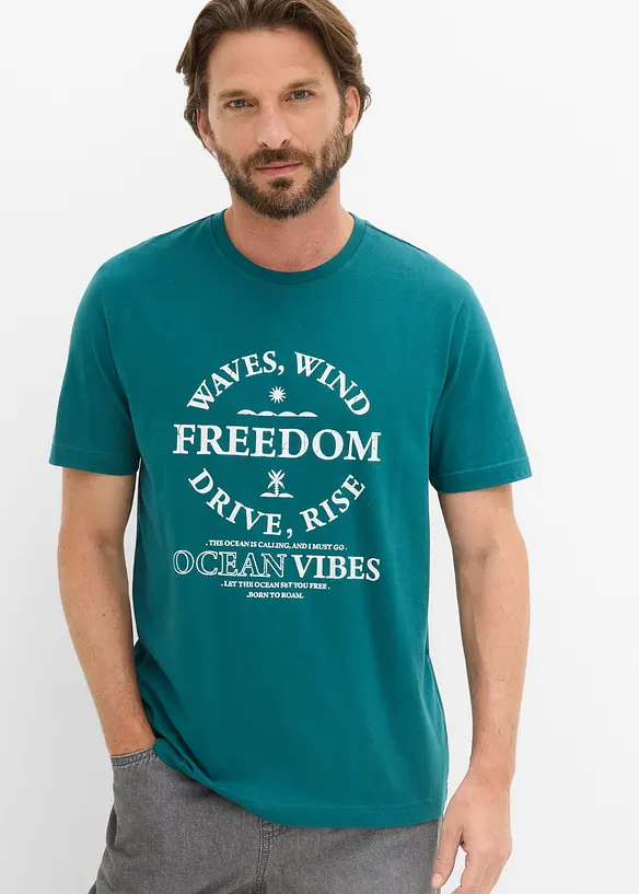 T-Shirt aus reiner Bio-Baumwolle in petrol von vorne (im Anschnitt) - bonprix