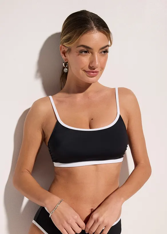 Bustier-Bikinioberteil mit weißen Kontrastnähten in schwarz von vorne (im Anschnitt) - bonprix