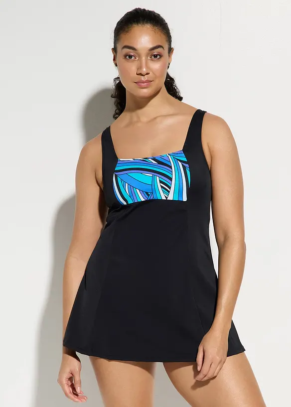 Light Shape-Badekleid mit längerem Bein in schwarz von vorne (Totalaufnahme) - bonprix