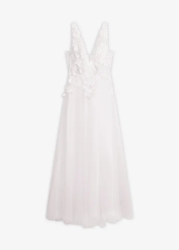Maxikleid aus zartem Tüll mit Blumen-Applikation in weiß von vorne - bonprix Maxikleid aus zartem Tüll mit Blumen-Applikation in weiß von vorne - bonprix