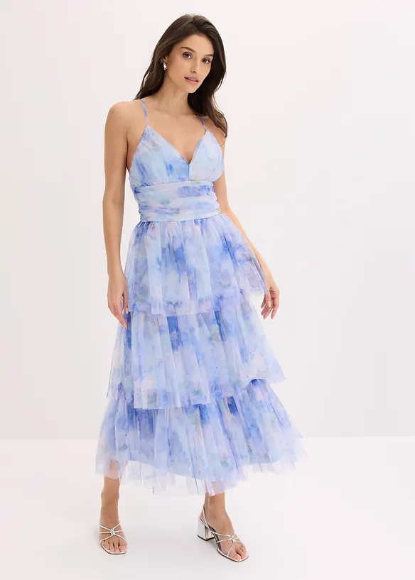 Midikleid aus feinem Tüll mit Volants in blau von vorne (Totalaufnahme) - bonprix Midikleid aus feinem Tüll mit Volants in blau von vorne (Totalaufnahme) - bonprix