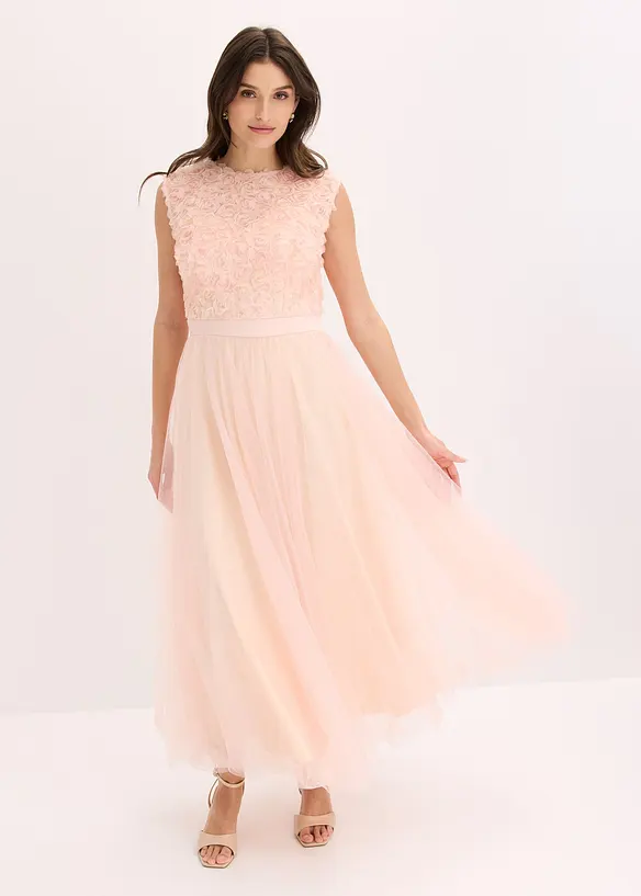 Abendkleid aus zartem Tüll mit Blumen-Details in rosa von vorne (Totalaufnahme) - bonprix
