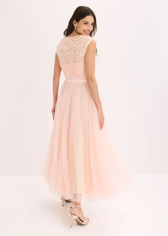 Abendkleid aus zartem Tüll mit Blumen-Details in rosa von hinten (Totalaufnahme) - bonprix