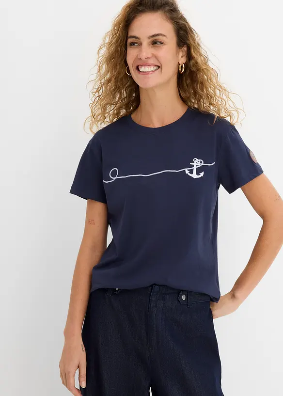 Besticktes T-Shirt in blau von vorne (im Anschnitt) - bonprix