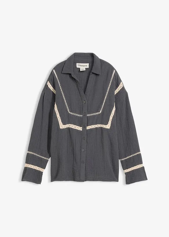 Musselin-Bluse mit Spitzeneinsätzen in grau von vorne - bonprix