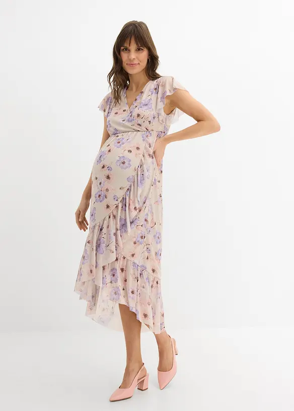 2-in-1 Umstands- und Stillkleid aus elastischem Mesh in beige von vorne (Totalaufnahme) - bonprix