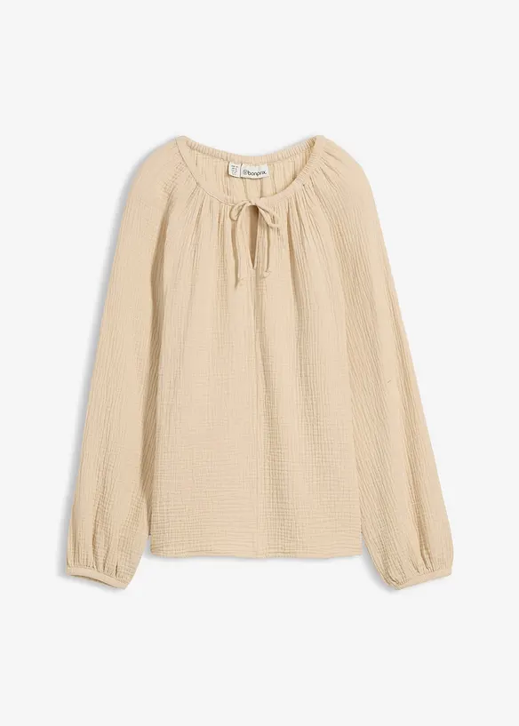 Musselin-Schlupfbluse aus reiner Baumwolle in beige von vorne - bonprix