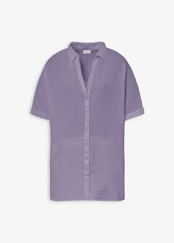 Musselin-Oversize-Longbluse aus reiner Baumwolle in lila von vorne - bonprix