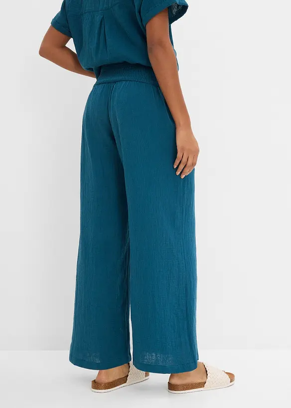 Musselin-Palazzo-Hose aus reiner Baumwolle in petrol von hinten - bonprix