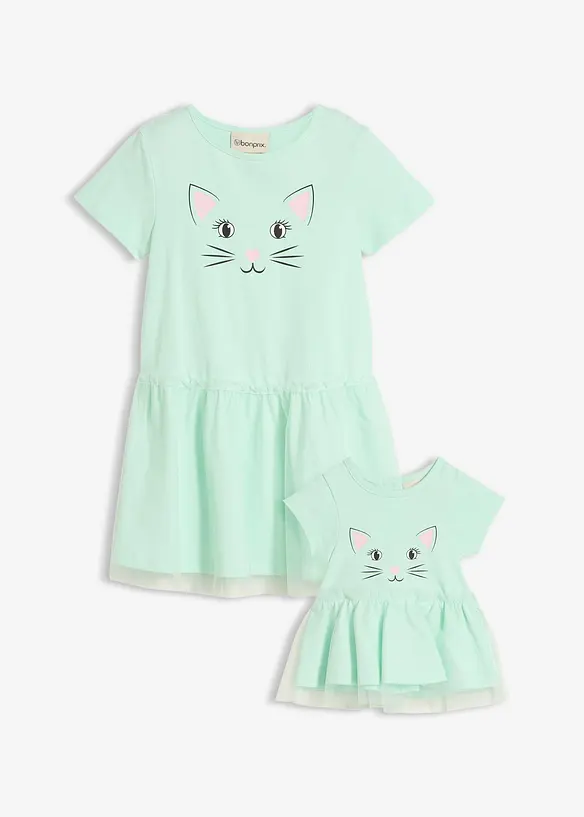 Jerseykleid und Puppenkleid (2-tlg.) aus reiner Bio-Baumwolle in grün von vorne - bonprix