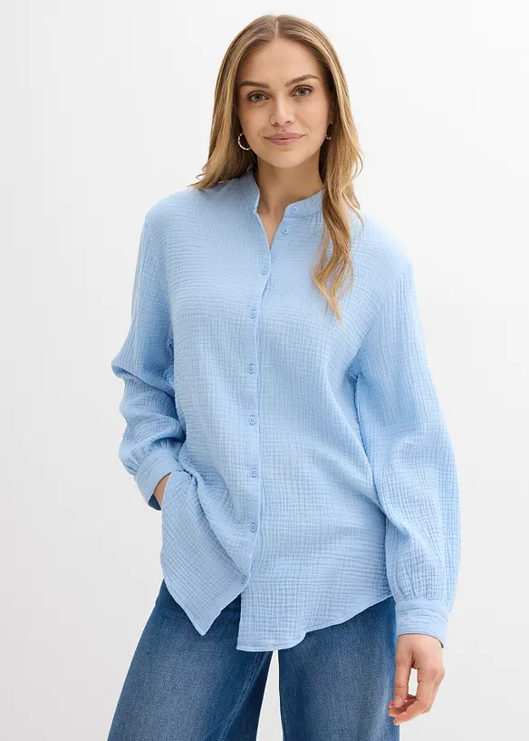 Musselin-Longbluse aus reiner Baumwolle in blau von vorne (im Anschnitt) - bonprix