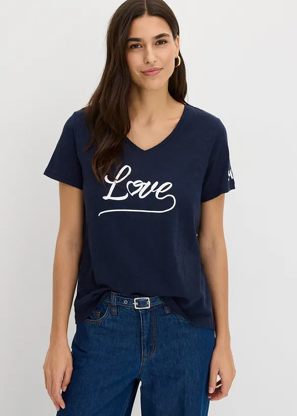 T-Shirt aus reiner Bio-Baumwolle in leicht strukturierter Qualität in blau von vorne (im Anschnitt) - bonprix
