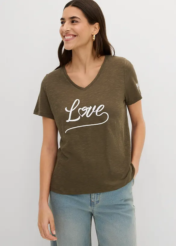 T-Shirt aus reiner Bio-Baumwolle in leicht strukturierter Qualität in grün von vorne (im Anschnitt) - bonprix