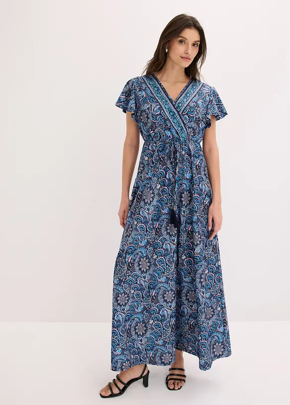 Jersey-Maxikleid mit Bindegürtel in blau von vorne (Totalaufnahme) - bonprix