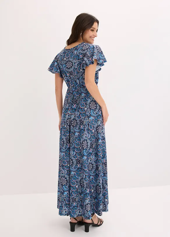 Jersey-Maxikleid mit Bindegürtel in blau von hinten (Totalaufnahme) - bonprix