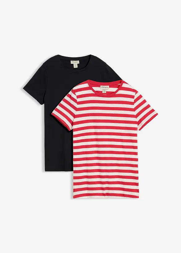 Rundhals-T-Shirt (2er Pack) in rot von vorne - bonprix