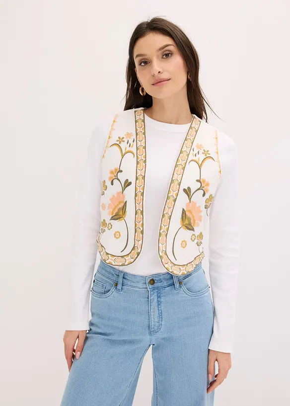 Bestickte Weste aus luftigem Leinen-Mix in beige von vorne (im Anschnitt) - bonprix