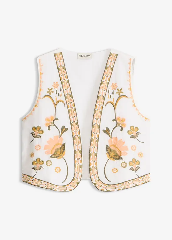 Bestickte Weste aus luftigem Leinen-Mix in beige von vorne - bonprix