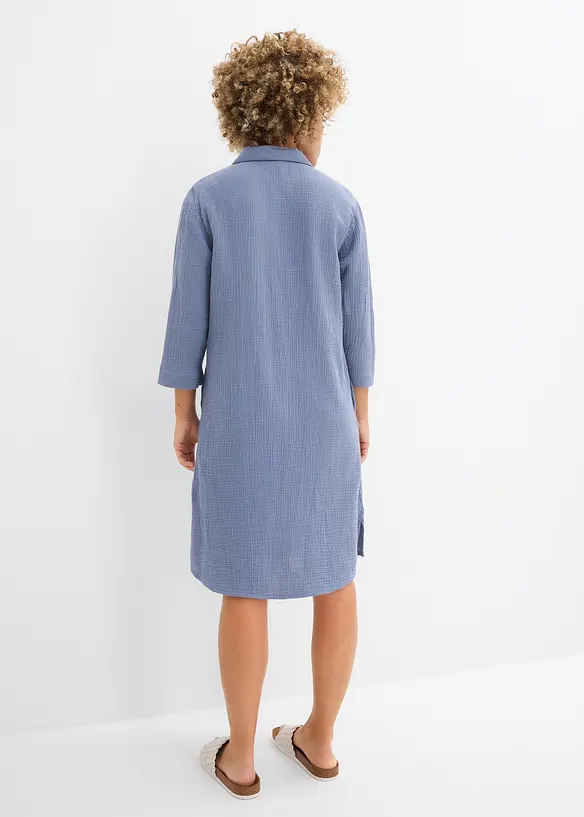 Musselin-Hemdblusenkleid aus reiner Baumwolle in blau von hinten (Totalaufnahme) - bonprix