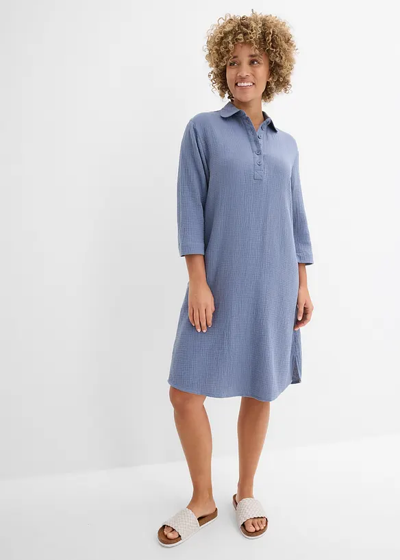 Musselin-Hemdblusenkleid aus reiner Baumwolle in blau von vorne (Totalaufnahme) - bonprix