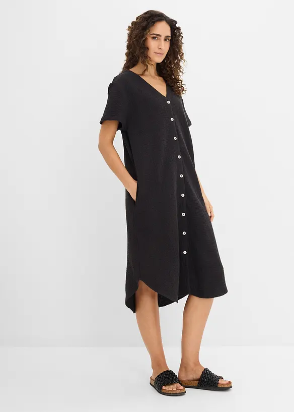 Musselin-Blusenkleid aus reiner Baumwolle in schwarz von vorne (Totalaufnahme) - bonprix