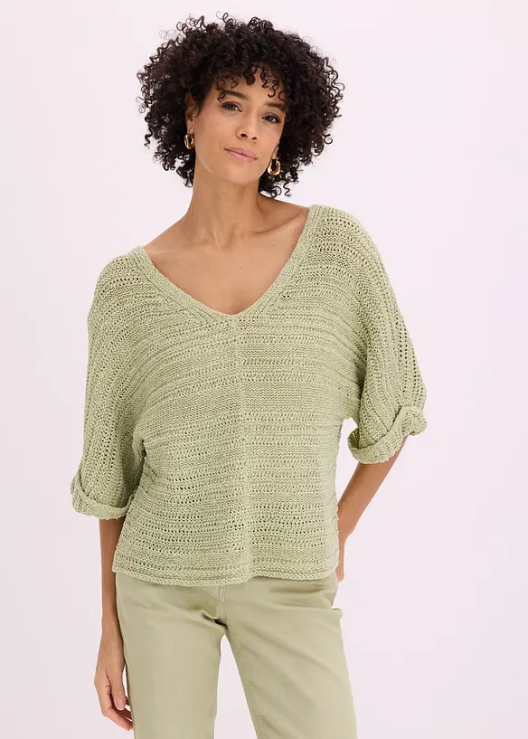 Grobstrick-Pullover in Bändchengarn in grün von vorne (im Anschnitt) - bonprix